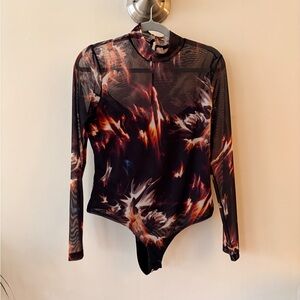 All Saints Black and Orange Sheer Bodysuit Size 12